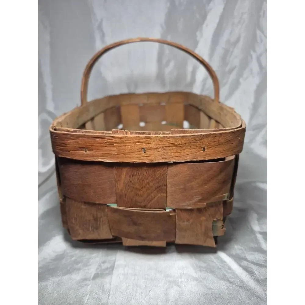 Antique Woven Wood Splint Gathering/Fruit/Market Basket With Handle 9